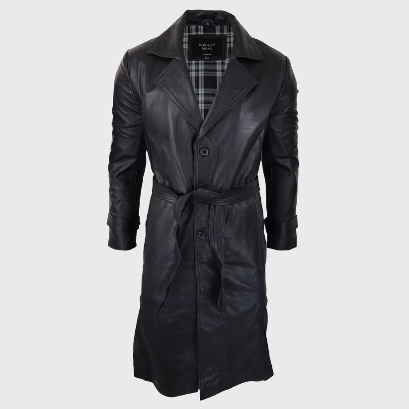 Men's 80s Vintage Black Leather Belted Punk Jacket - Long Sleeve Coat