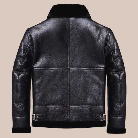Men's Black Sheepskin Shearling Fur Coat Winter Leather Jacket with Mandarin Collar