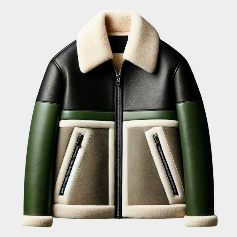 Men's Black and Green Shearling Leather Jacket Luxury Winter Coat