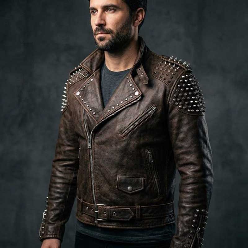 Mens Brown Studded Spiked Leather Biker Jacket side profile highlighting classic biker silhouette