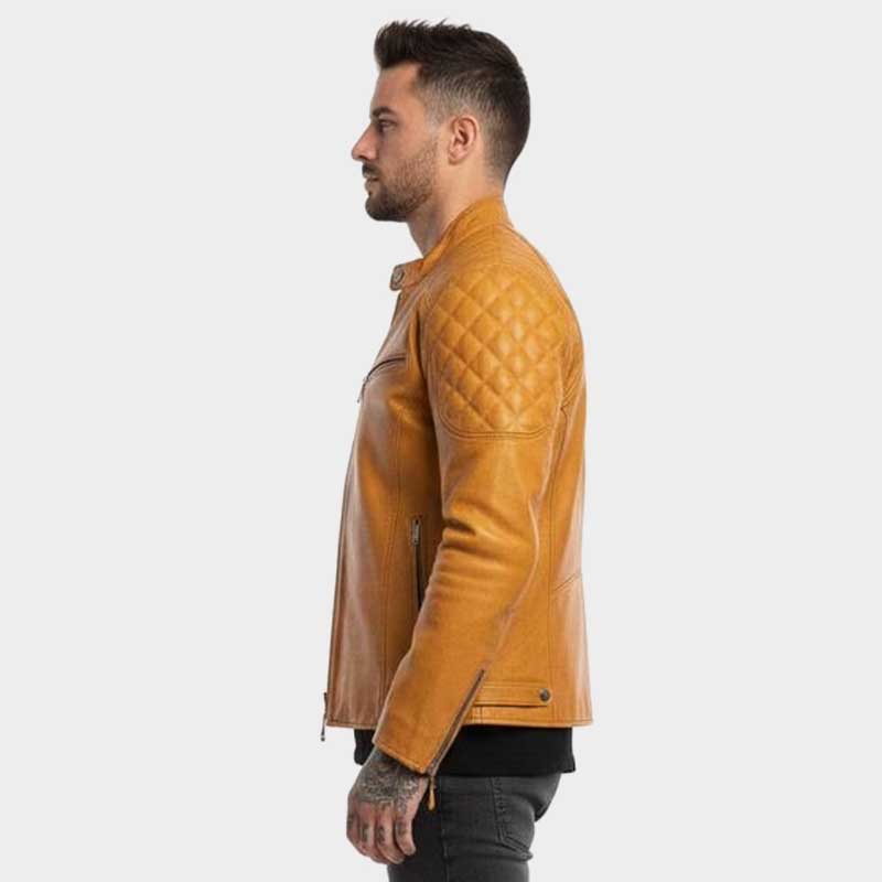Mens Mustard Yellow Quilted Biker Leather Jacket