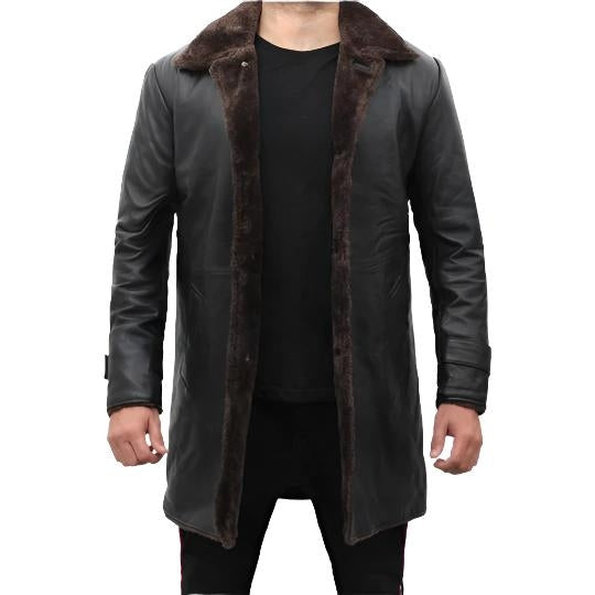 Men’s Black Shearling-Lined Leather Trench Coat