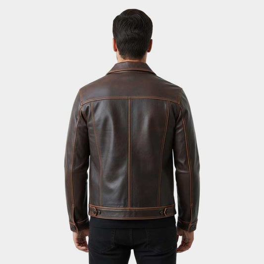 Mens Vintage Patina Leather Trucker Jacket with Contrast Stitching Mens Vintage Patina Leather Trucker Jacket with Contrast Stitching