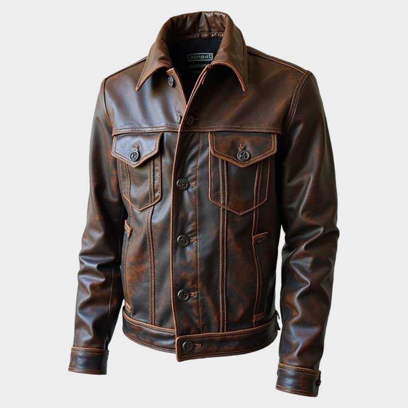 Mens Vintage Patina Leather Trucker Jacket with Contrast Stitching