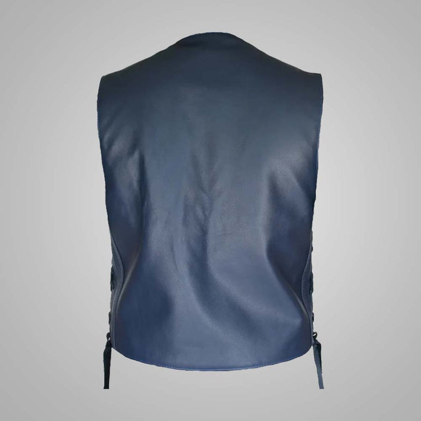 Men’s Navy Blue Leather Vest – V-Neck Classic Cut by Shearling Leather Jackets