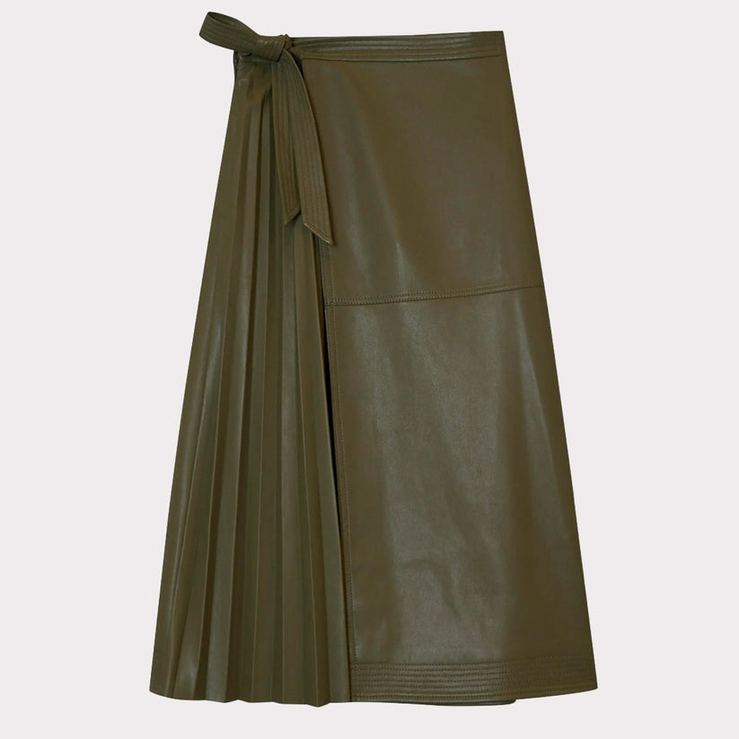 Women’s Olive Green Leather Midi Skirt – Wrap Style & Chic Edge