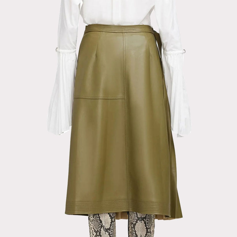 Women’s Olive Green Leather Midi Skirt – Wrap Style & Chic Edge