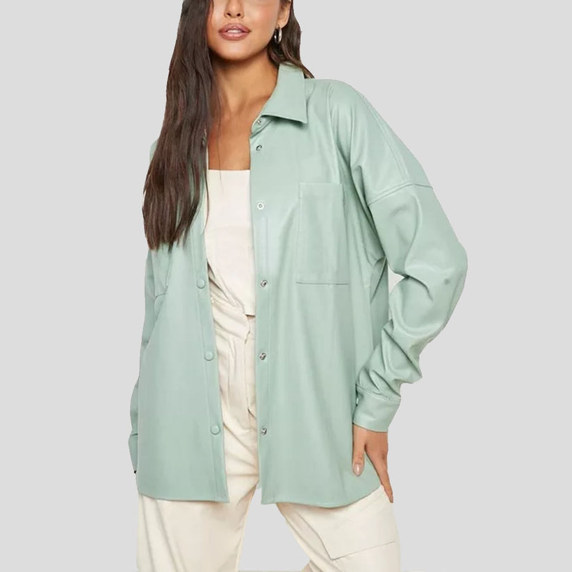 Women’s Pastel Green Oversized Leather Shirt – Soft & Stylish