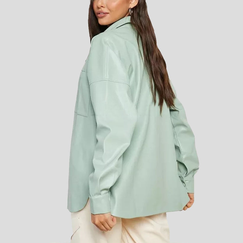 Women’s Pastel Green Oversized Leather Shirt – Soft & Stylish