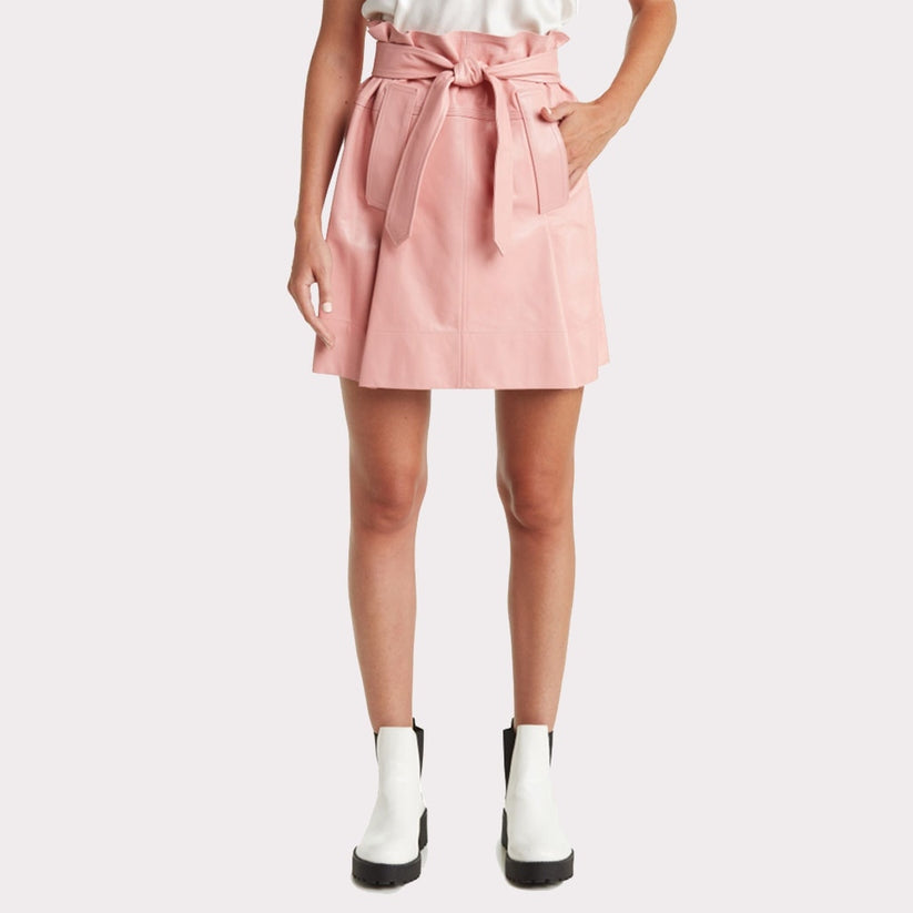 Women’s Pastel Pink Leather Mini Skirt – Belted Chic Style