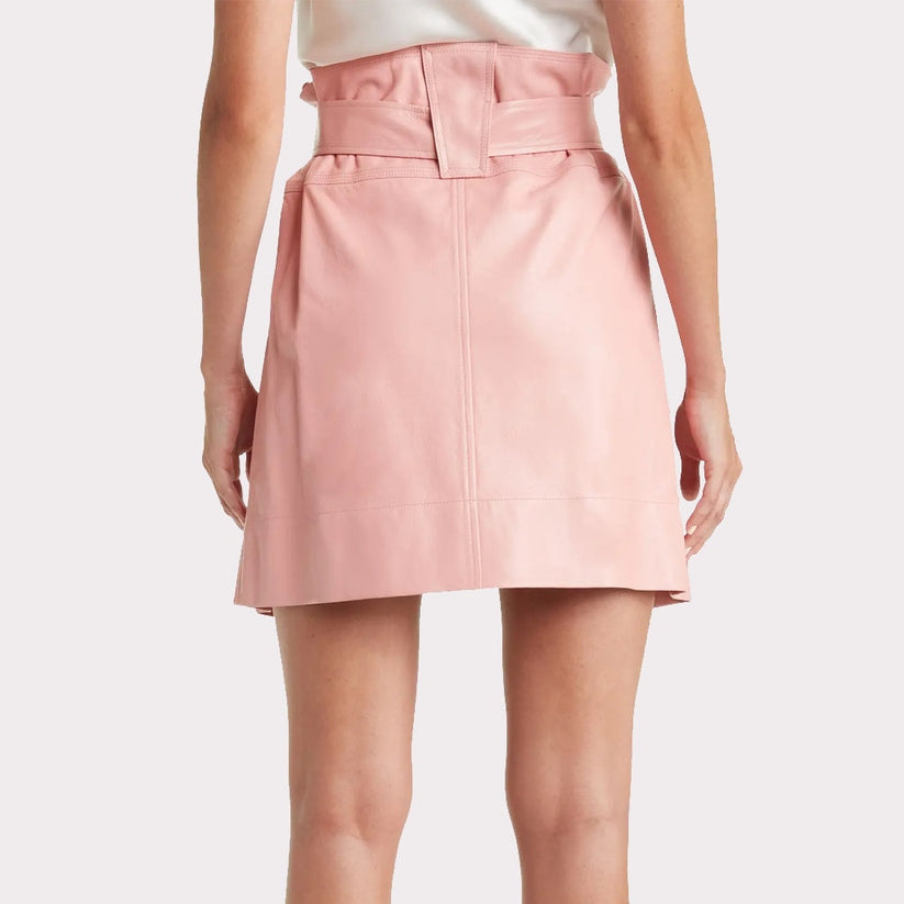 Women’s Pastel Pink Leather Mini Skirt – Belted Chic Style
