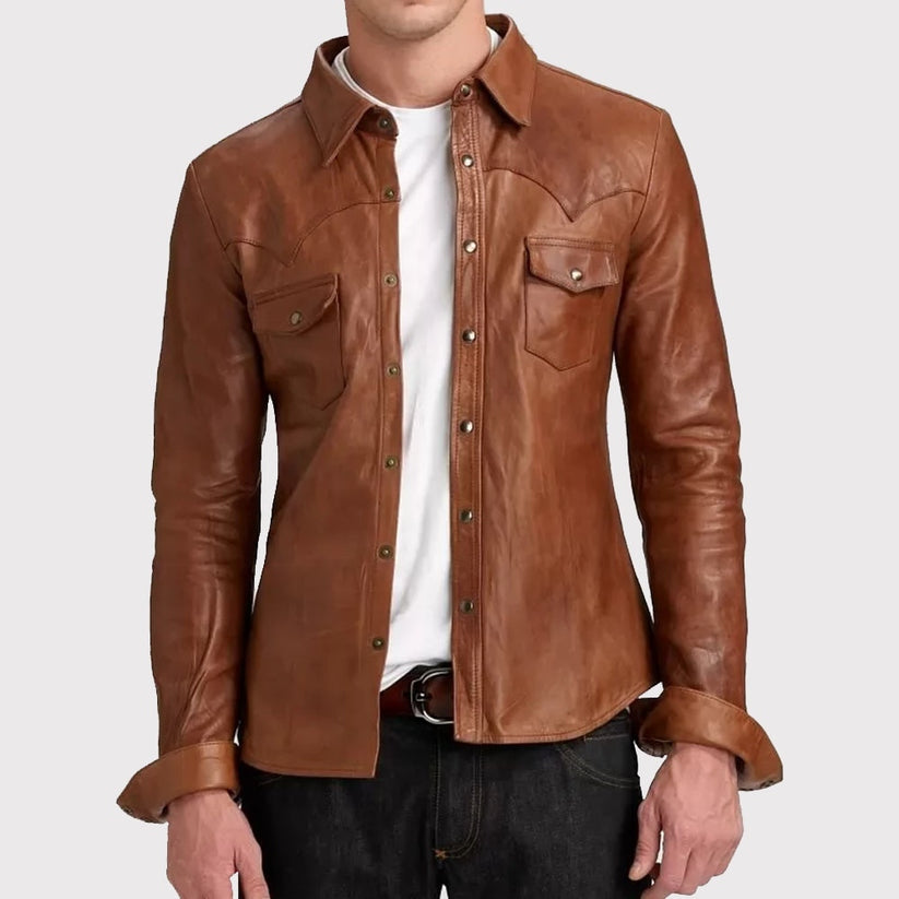 Men’s Premium Brown Sheepskin Leather Shirt – Real Hide Edition