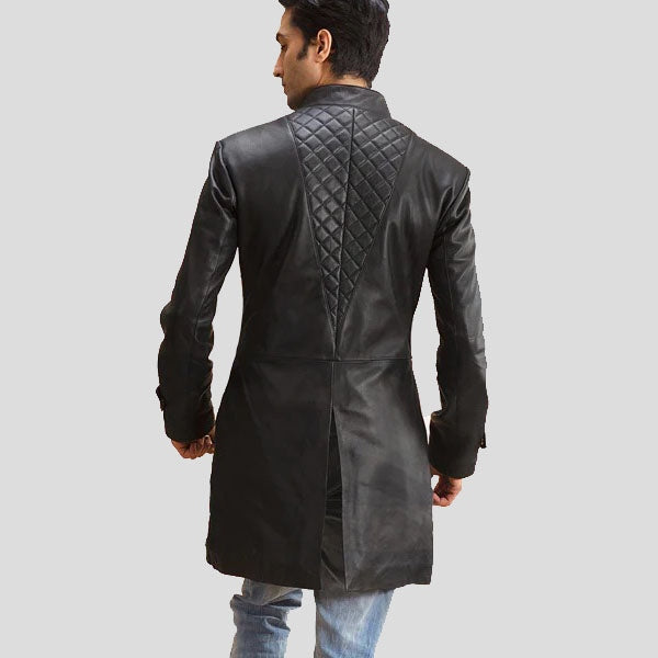 Men’s Quilted Black Leather Trench Coat – Winter Protection