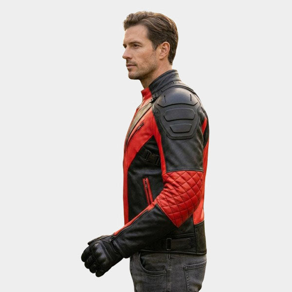 Men Red and Black Leather Motorcycle Jacket Quilted Armored Moto Coat