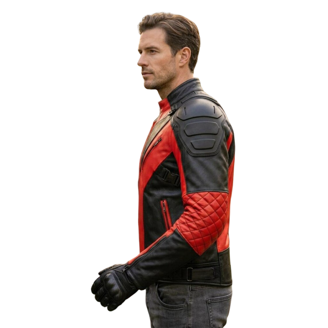 Side profile of red and black leather motorcycle coat for men