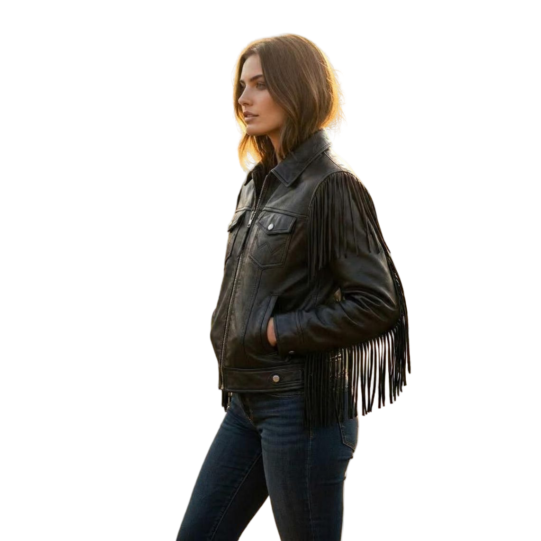 Side angle of black western fringe leather jacket for women