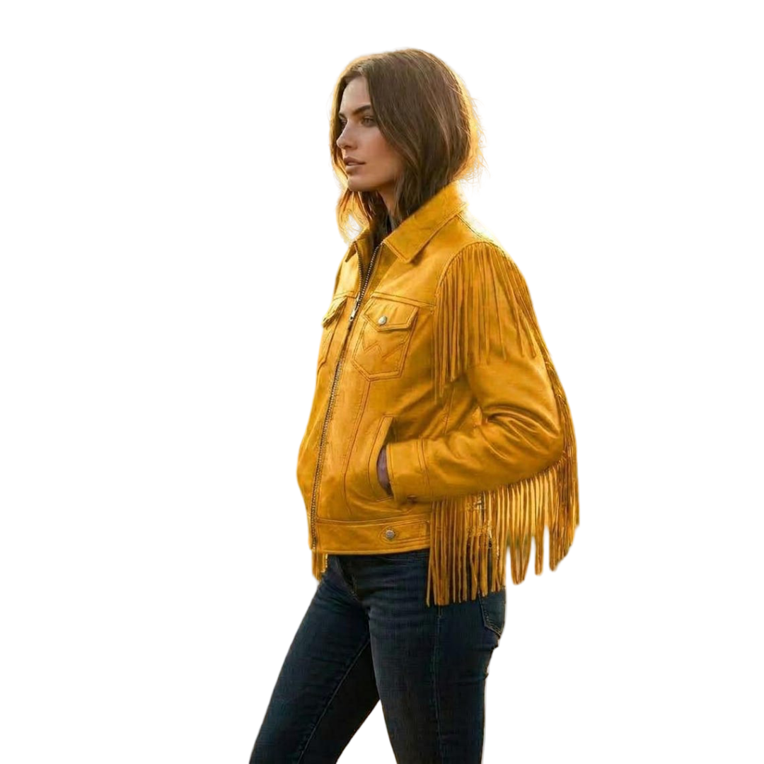 Side profile of yellow fringe leather jacket with long western fringe