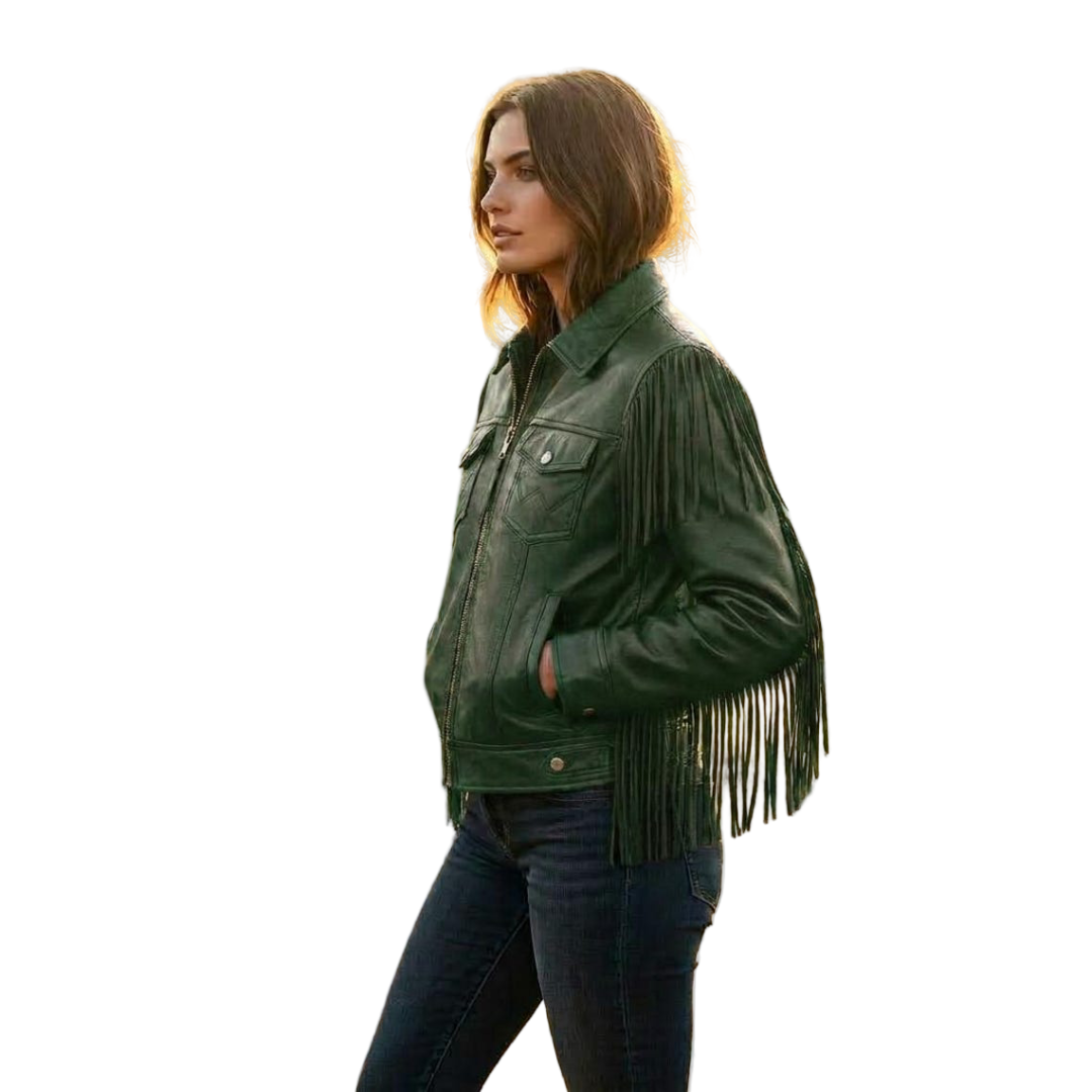 Side angle of green leather fringe jacket with long fringe detail