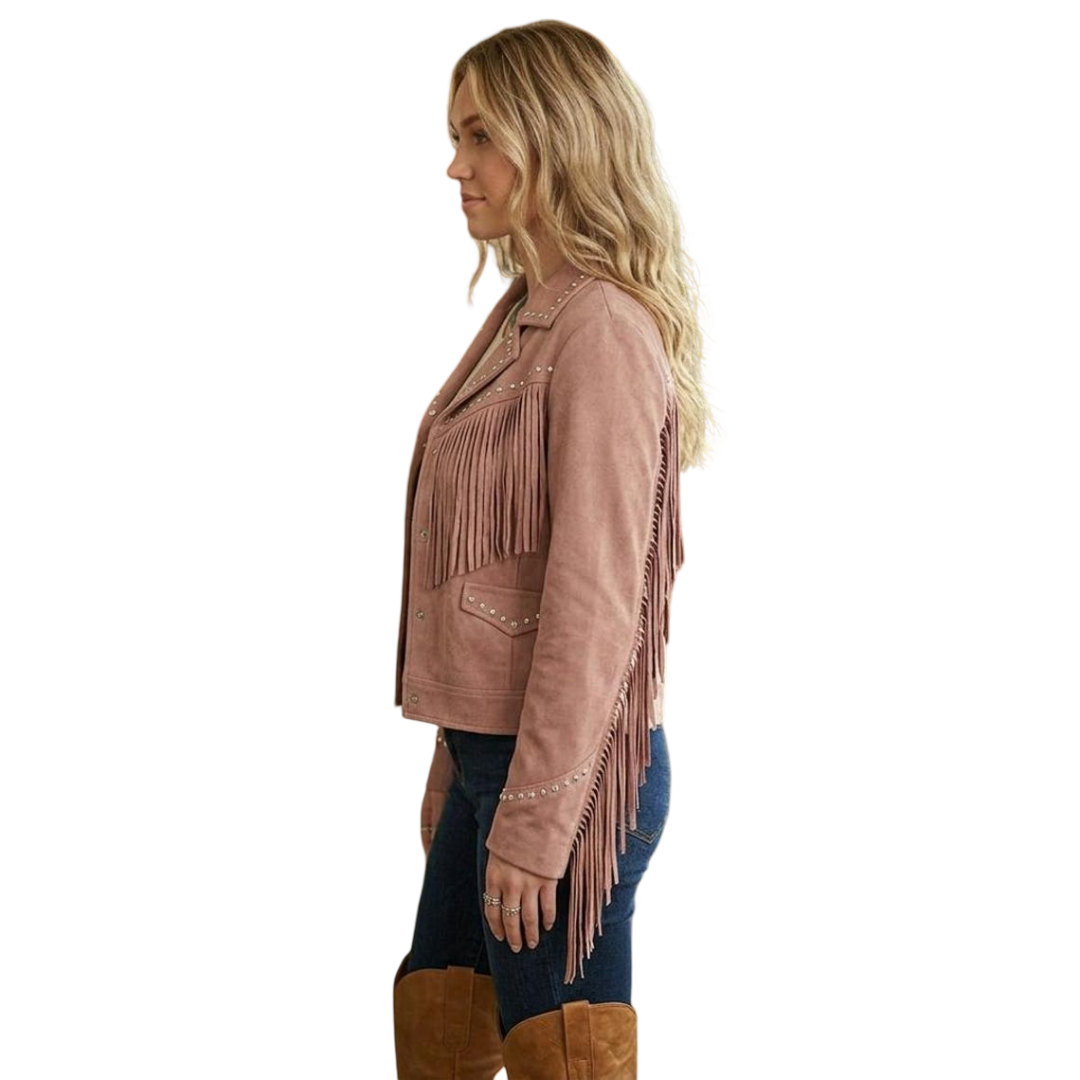 Side detail of long fringe on pink leather fringe jacket
