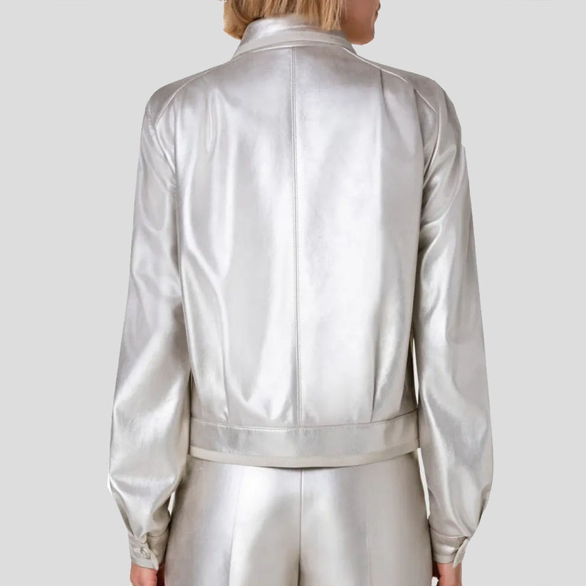 Women’s Silver Metallic Leather Shirt – Puffed Sleeve Statement Style