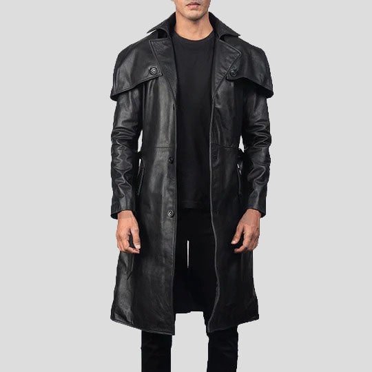 Men’s Sleek Black Leather Trench Coat – Modern Winter Essential