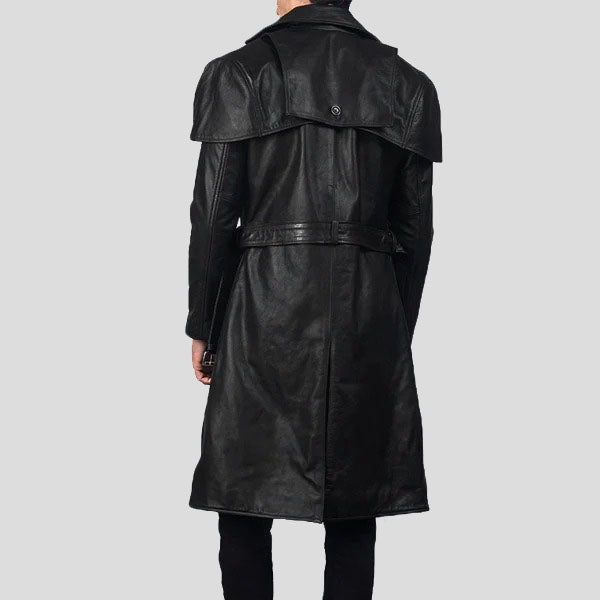 Men’s Sleek Black Leather Trench Coat – Modern Winter Essential