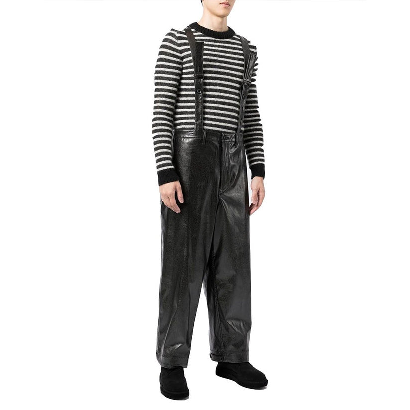 Solid Black Leather Dungaree for Men – Multi-Pocket Utility Overalls