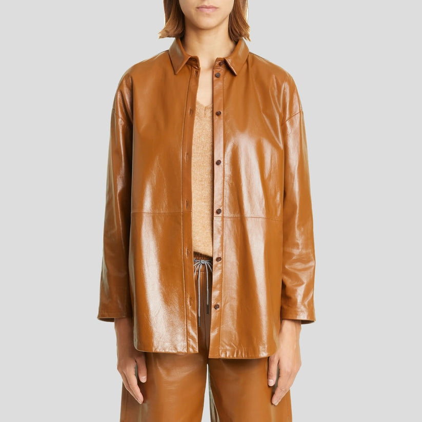 Women’s Tan Brown Leather Shirt Jacket – Belted Utility Style