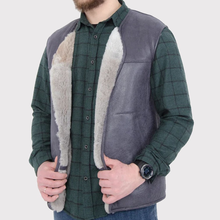 Western Men’s Sheepskin Leather Vest with White Fur