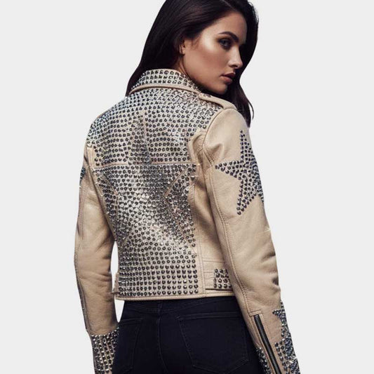 Women Beige Leather Studded Star Moto Jacket for Rockstar Festival Women Beige Leather Studded Star Moto Jacket for Rockstar Festival