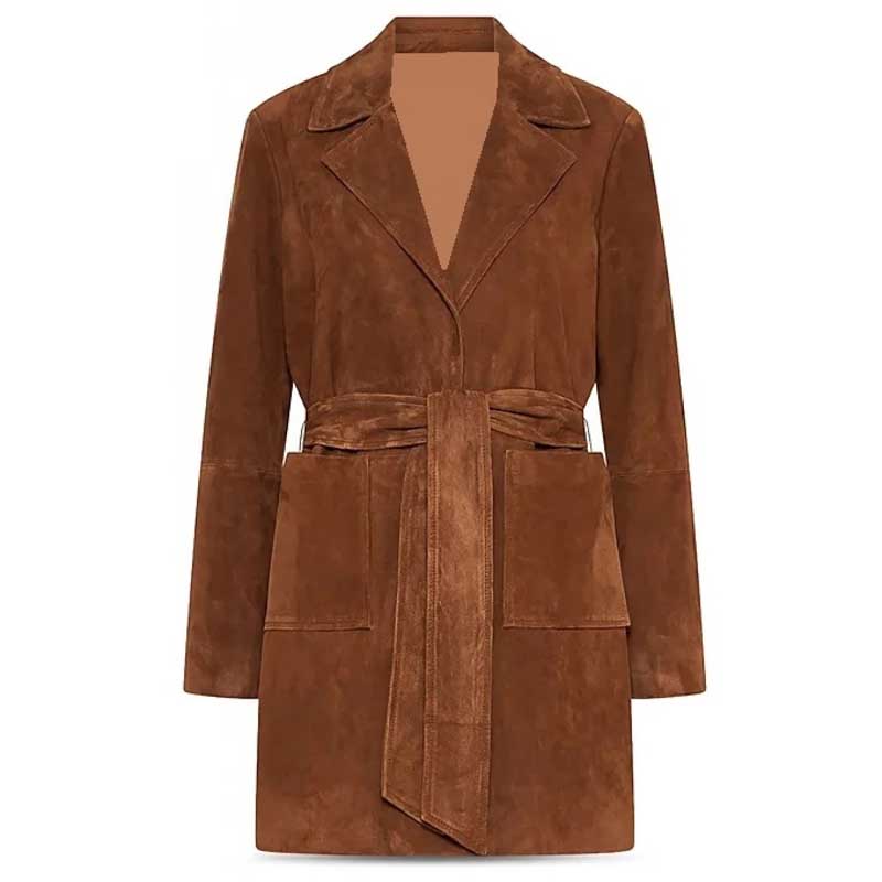Women Plus Size Suede Leather Long Trench Coat with Button Closure