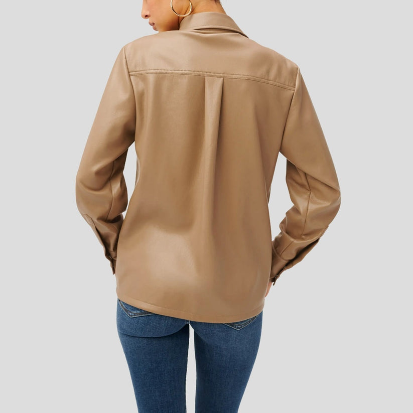 Women’s Warm Caramel Faux Leather Utility Shirt – Button-Up Style