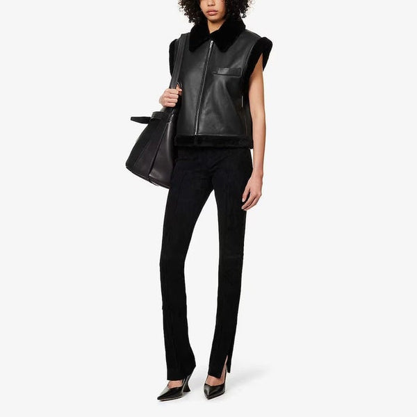 Black Shearling Biker Vest for Women