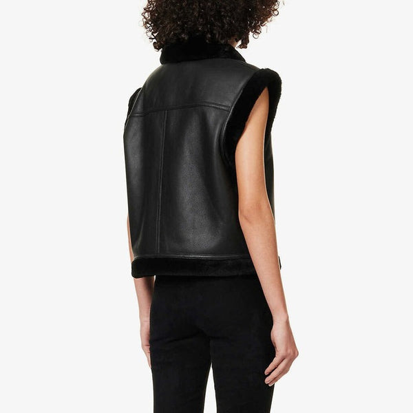 Black Shearling Biker Vest for Women
