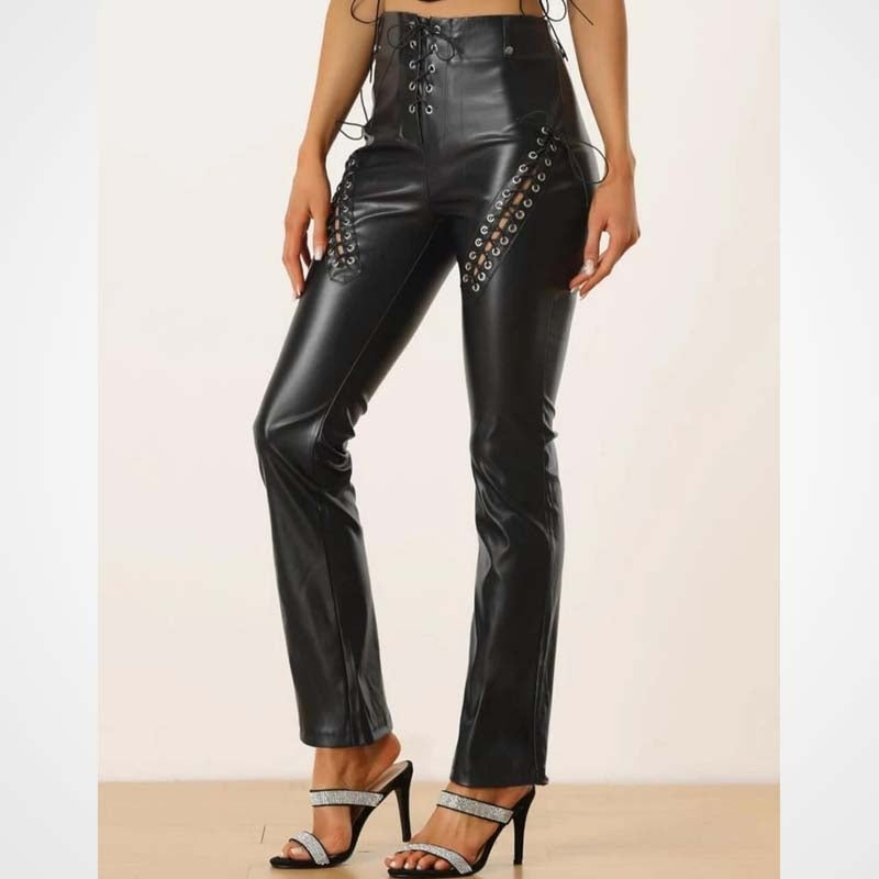 Black Lace-Up Lambskin Leather Biker Pants for Women