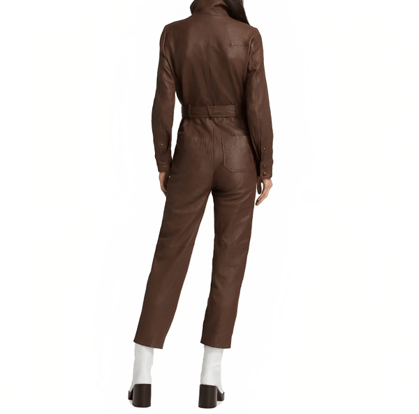Women's Chocolate Brown Bodycon Leather Jumpsuit – Sleek Fit | Shearling Jackets Store
