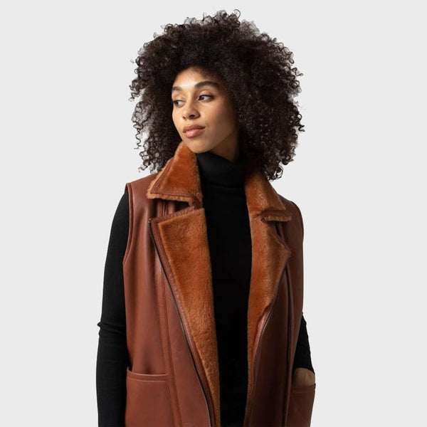 Dark Brown Shearling Leather Vest for Women