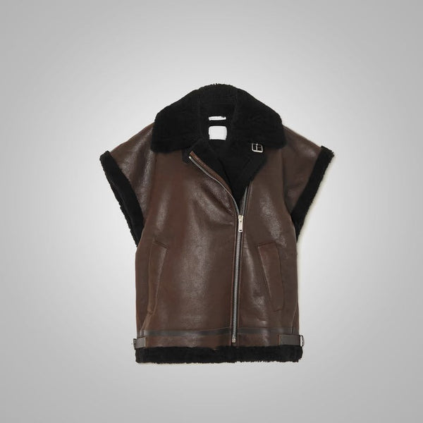 Chocolate Brown Shearling Leather Vest for Women