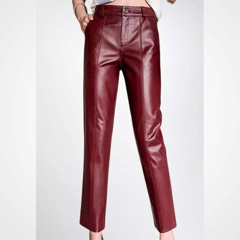 Maroon Lambskin Leather Pants for Women – Slim Fit Pencil Style