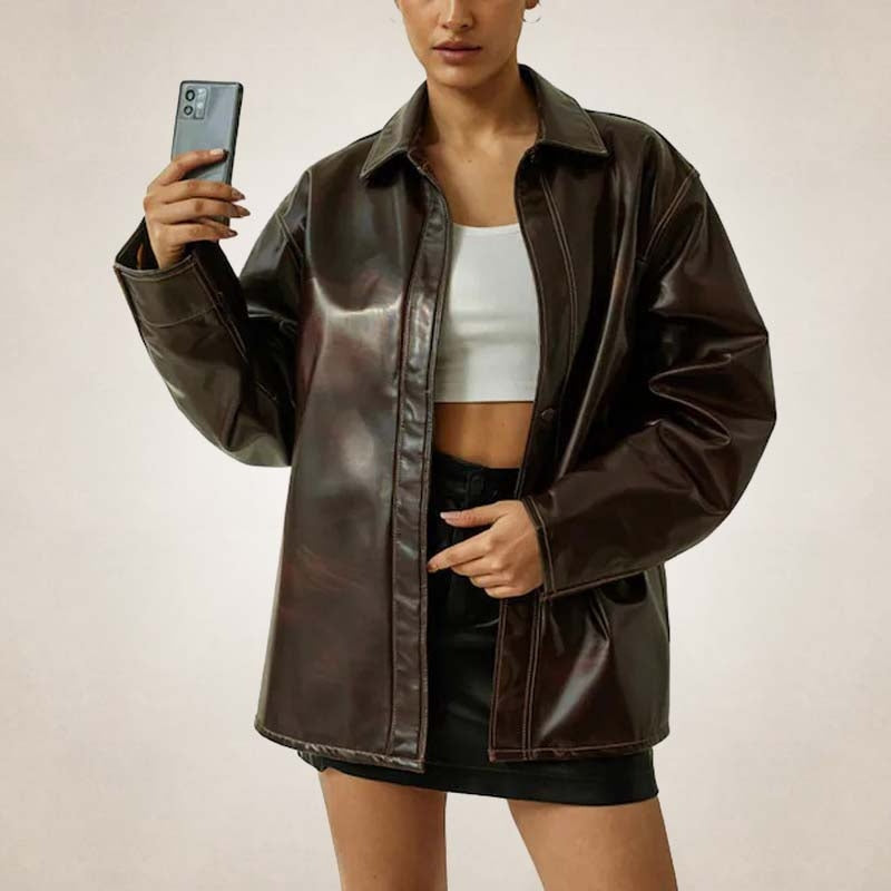 Women’s Oversized Brown Leather Shirt Jacket – Relaxed Utility Style