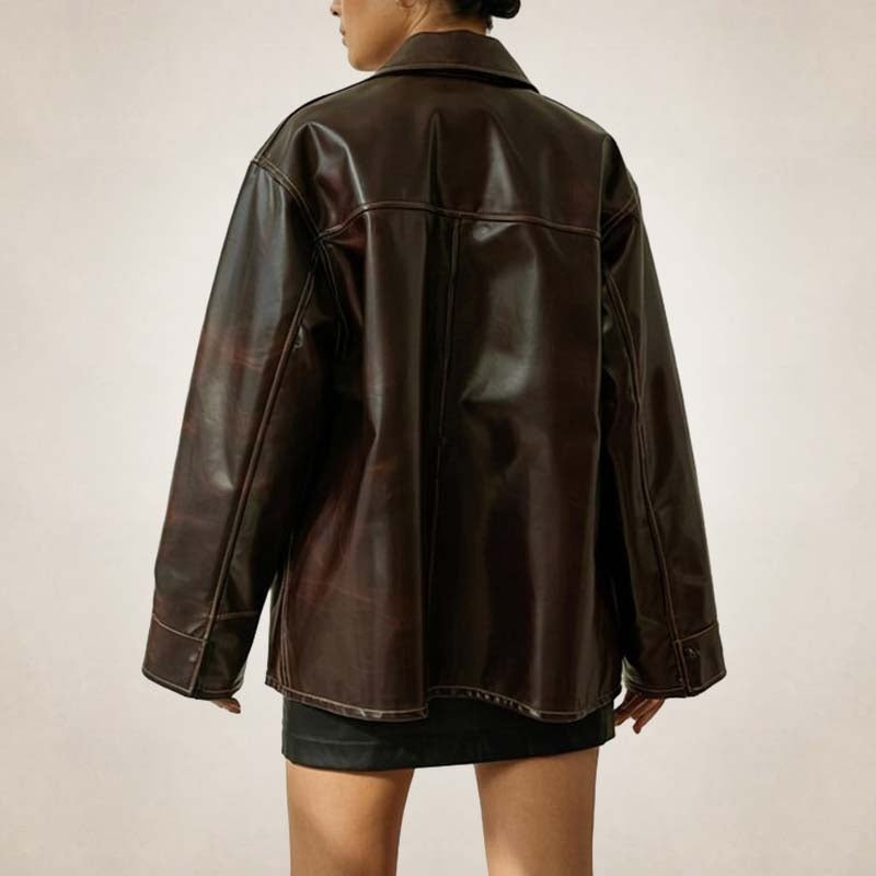 Women’s Oversized Brown Leather Shirt Jacket – Relaxed Utility Style