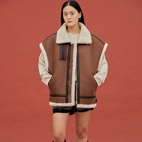 Oversized Dark Brown Shearling Leather Vest for Women