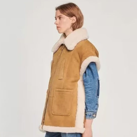 Coffee Brown Shearling Leather Vest for Women