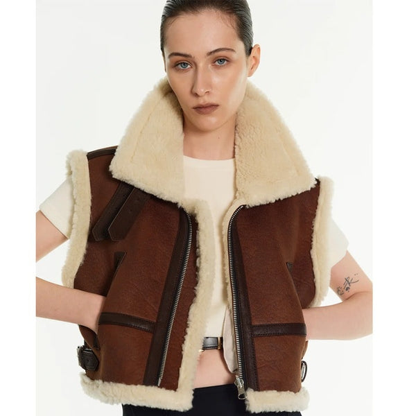 Cropped Dark Brown Shearling Leather Vest for Women