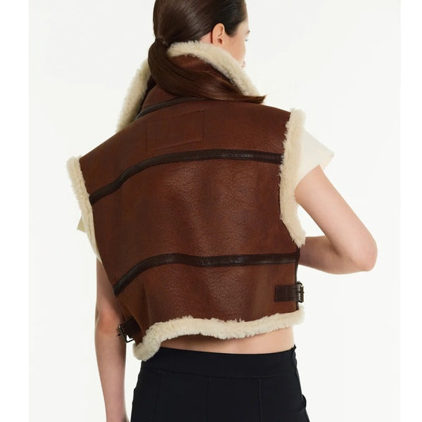 Cropped Dark Brown Shearling Leather Vest for Women