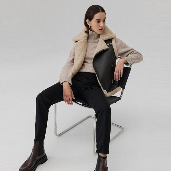 Women's Sheepskin Biker Leather Vest In Black