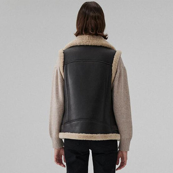 Women's Sheepskin Biker Leather Vest In Black