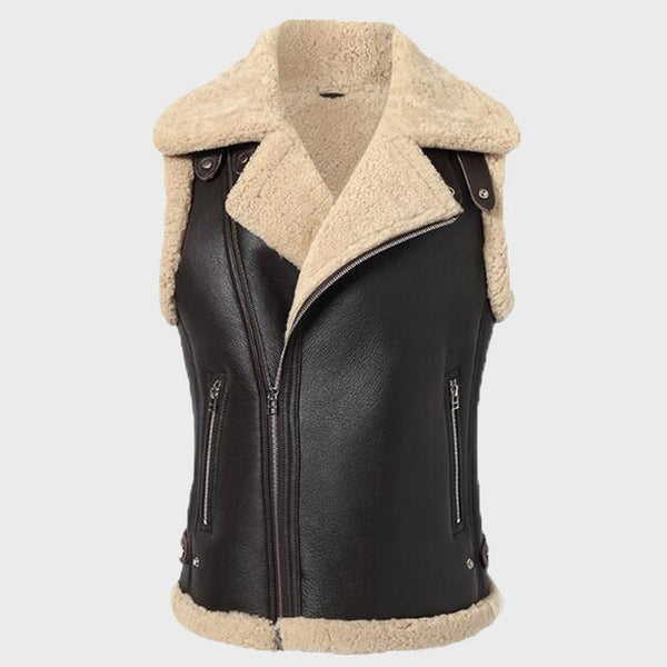 Women's Sheepskin Biker Leather Vest In Black