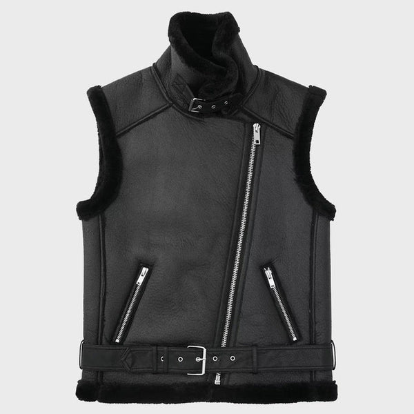 Black Belted Shearling Biker Vest for Women