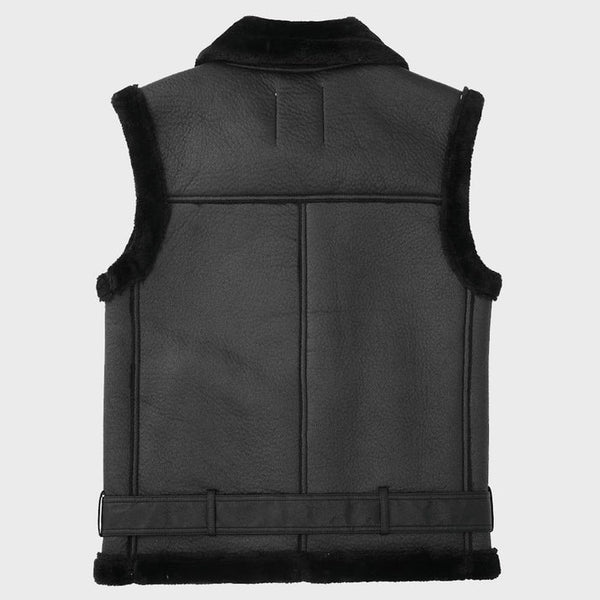 Black Belted Shearling Biker Vest for Women